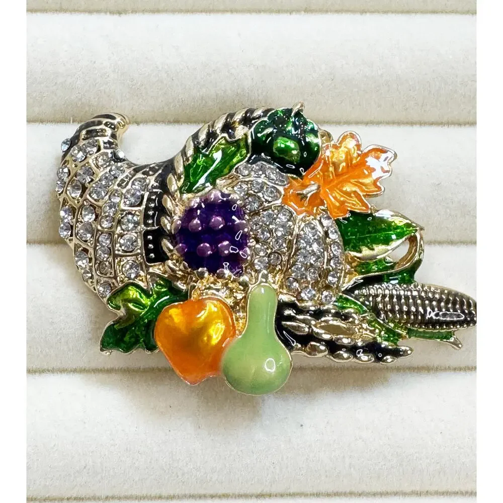 Thanksgiving Cornucopia Brooch Pin Rhinestone Harvest Fall Turkey 2